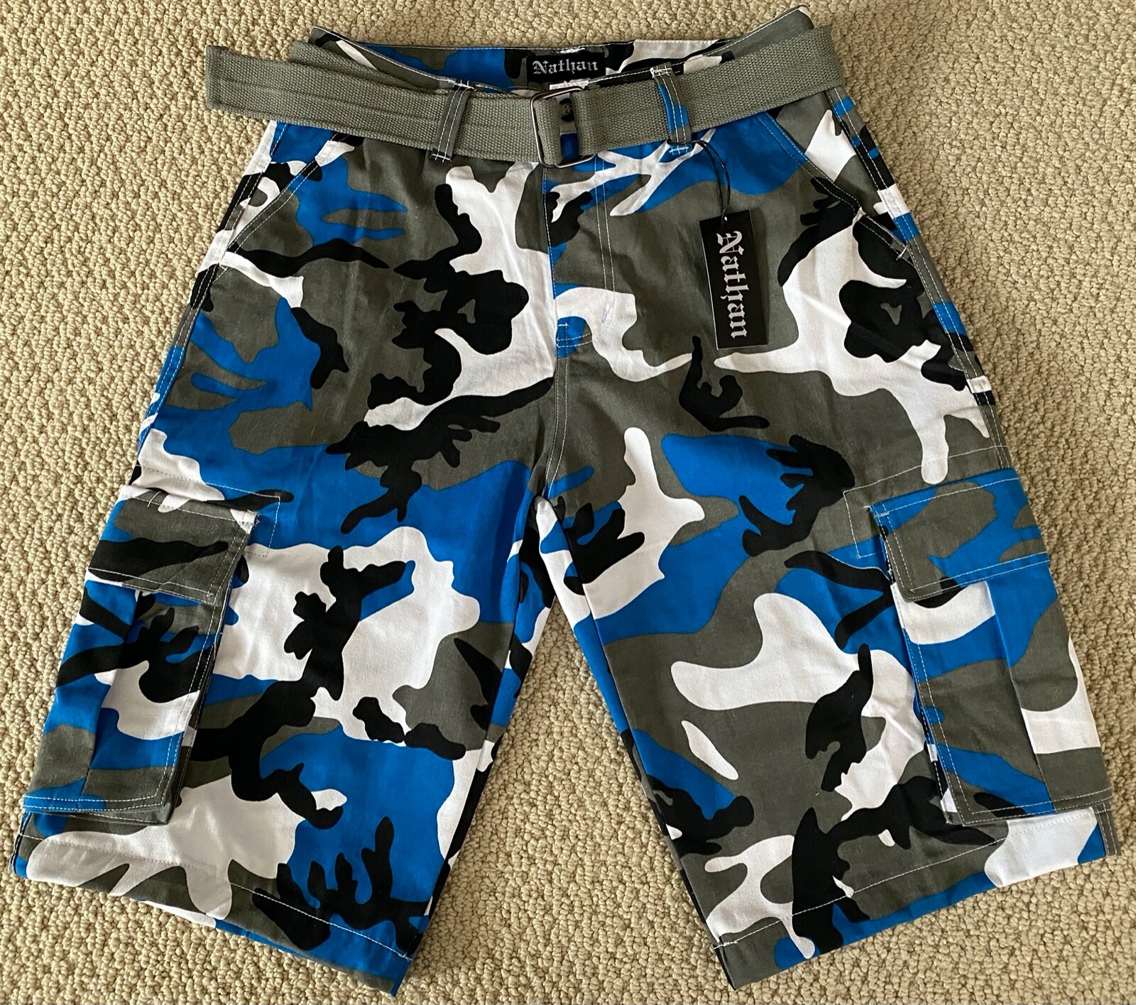 NWT Men’s Nathan Blue Gray Camouflage Camo Belted Cargo Pocket Shorts ALL SIZES