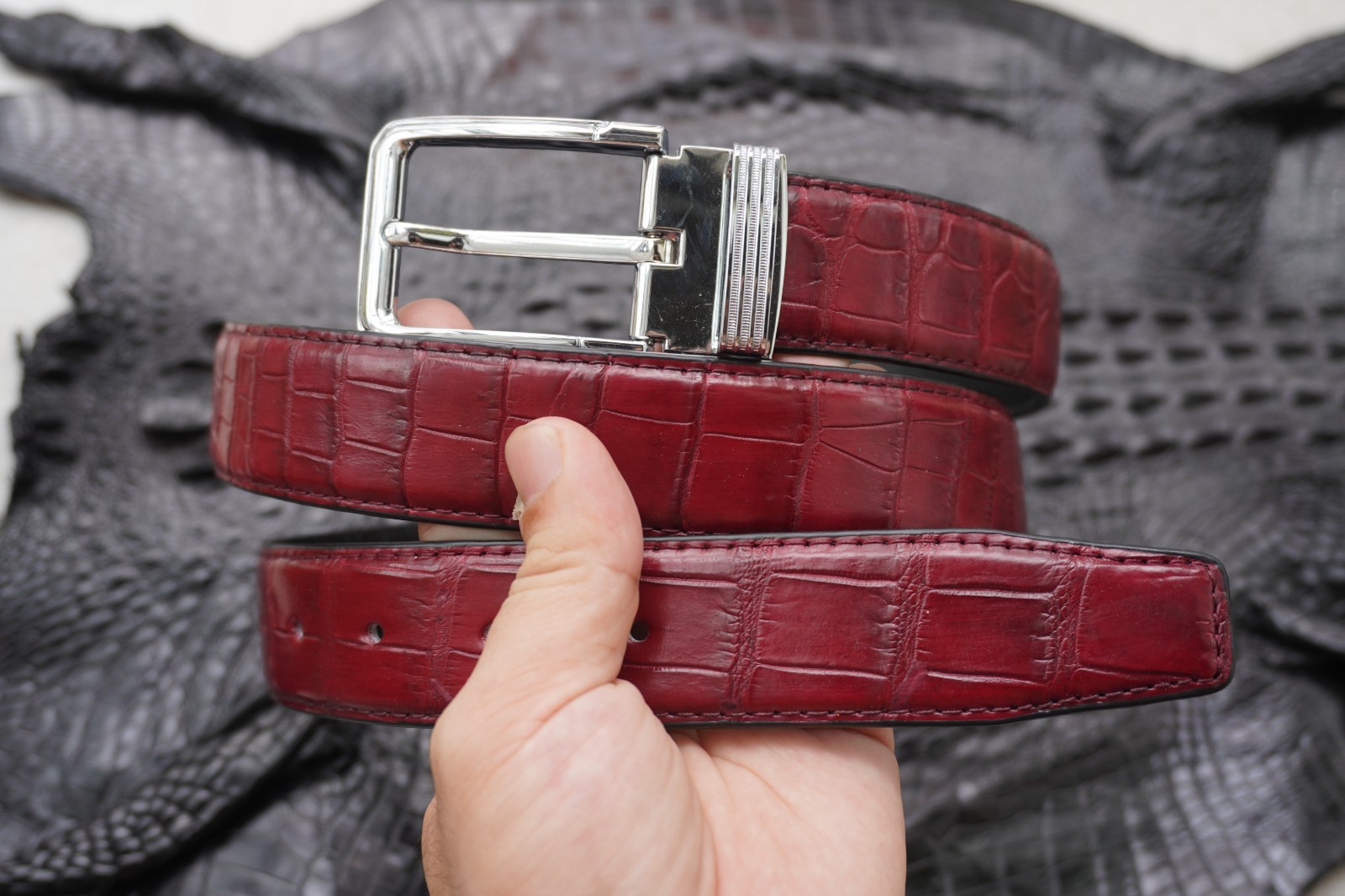 W 1.3 inch- Burgundy Genuine CROCODILE Belly LEATHER Skin Men’s Belt #Y26
