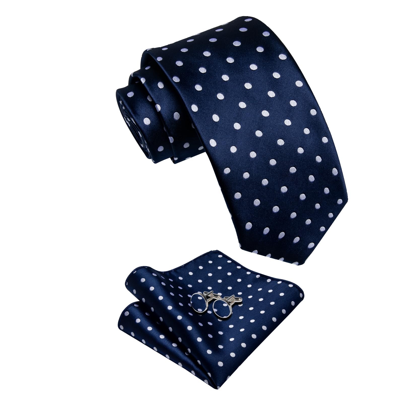 Blue Mens Tie Set Silk Polka Dot Necktie with Lapel Pin Pocket Square Cufflin…