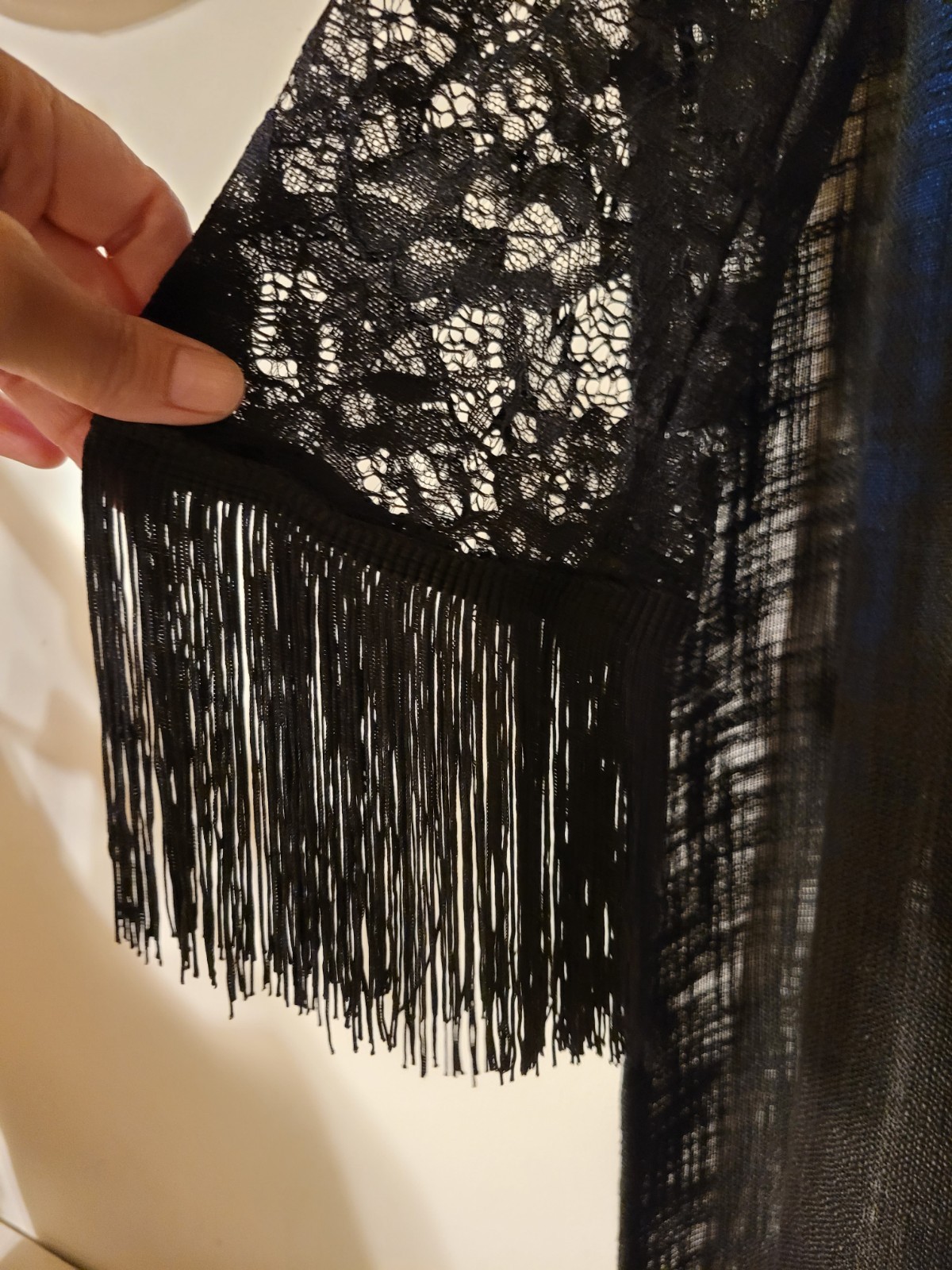 SweatyRocks Lace Mini Dress Floral Deep V Neck Fringe Sleeve Black Nude L Fits M