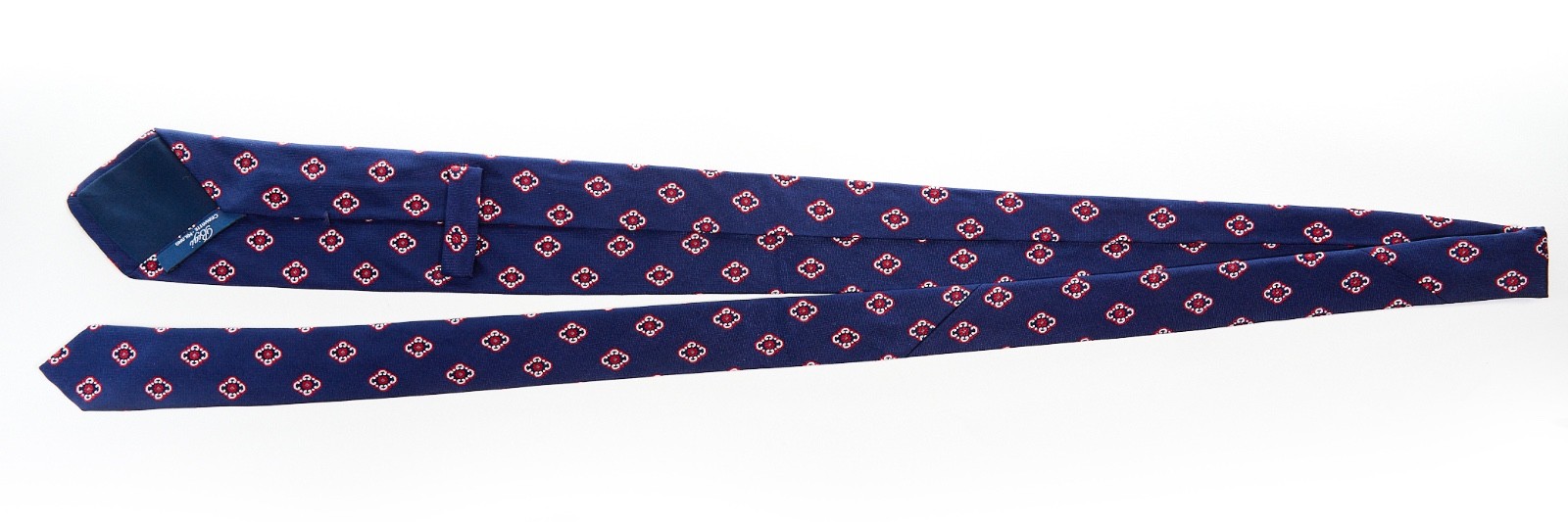 BIGI CRAVATTE Men’s 100% Silk Tie BLUE w/ RED MEDALLIONS 59″ x 3.25″ USED T22