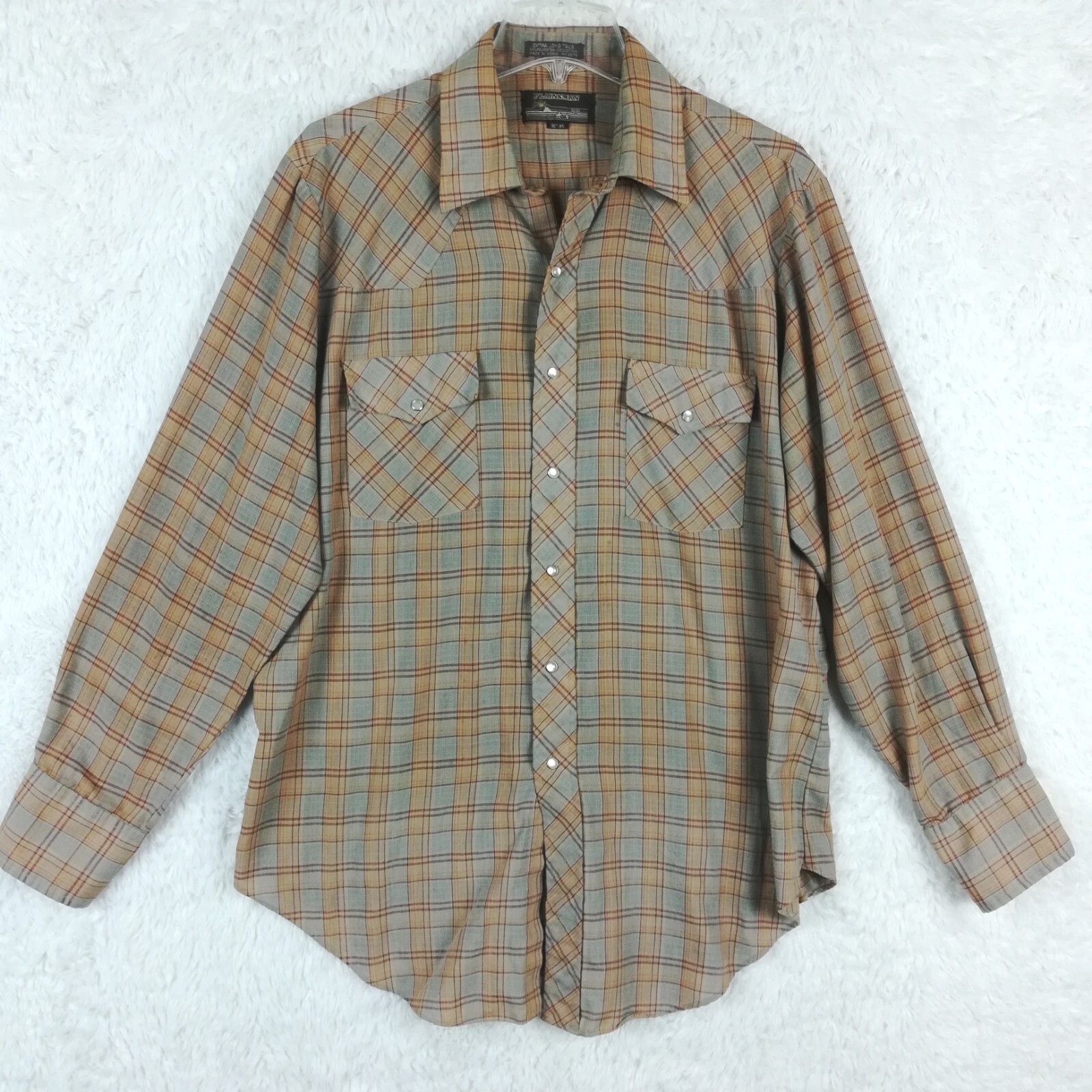 Plainsman Mens Shirt Western Button Down Pearl Snaps Tan Blue Plaid 16 1/2 35