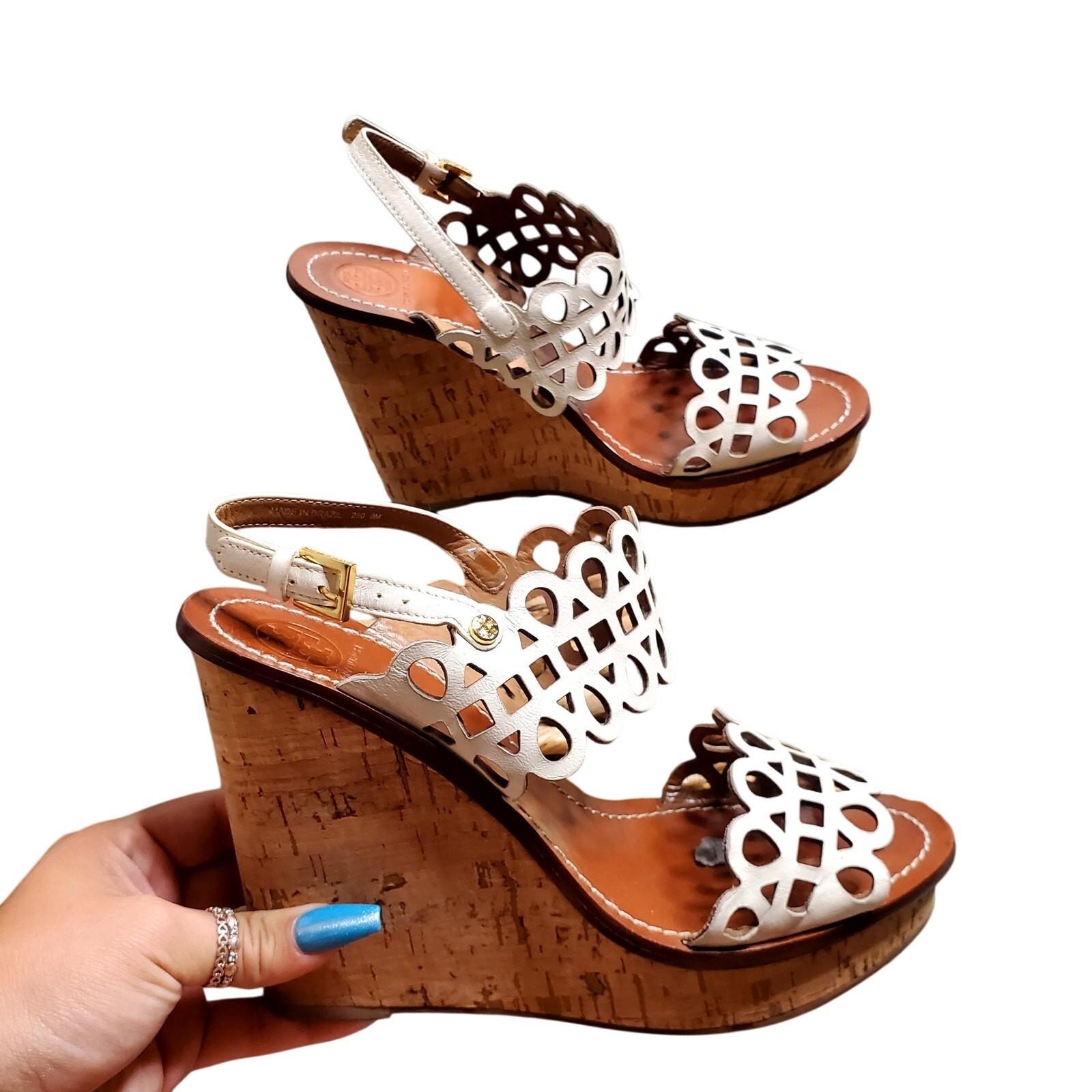 Tory Burch Nori Laser-Cut 115MM Wedge Sandal in Ivory Size: 9