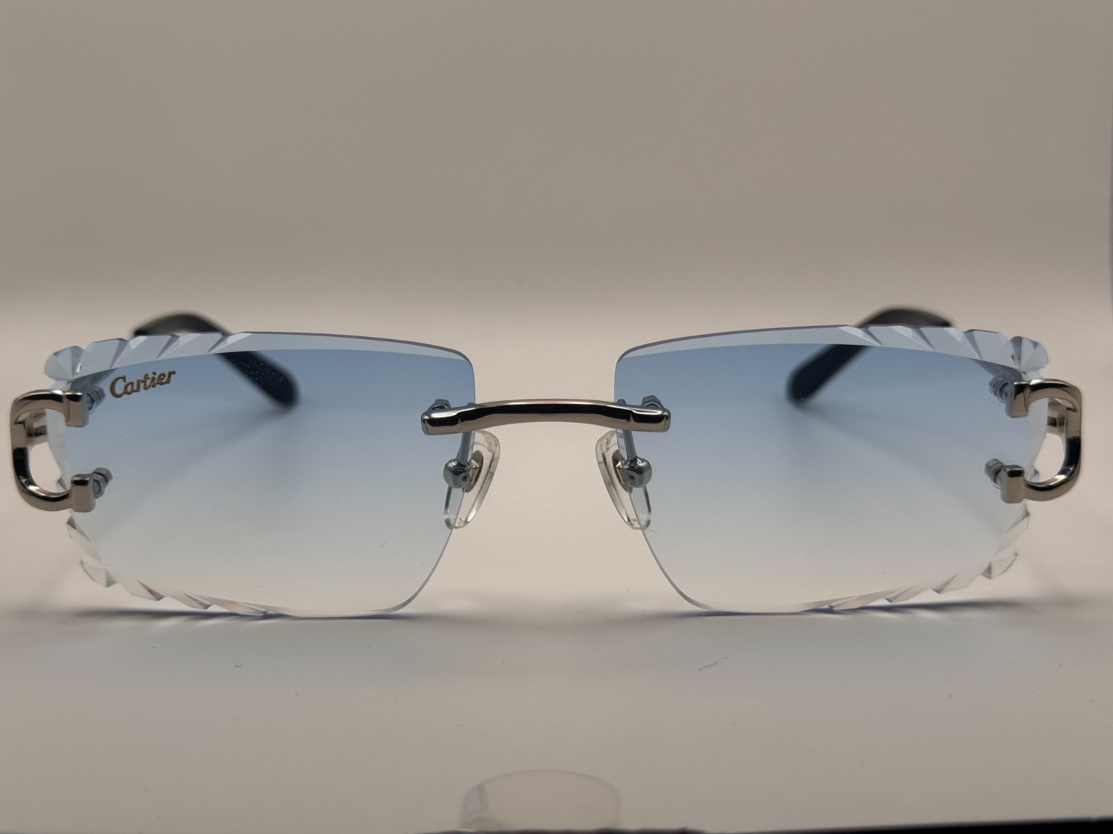 Cartier Big C Decor Frameless Diamond Cut Blue Lens/Silver Frame