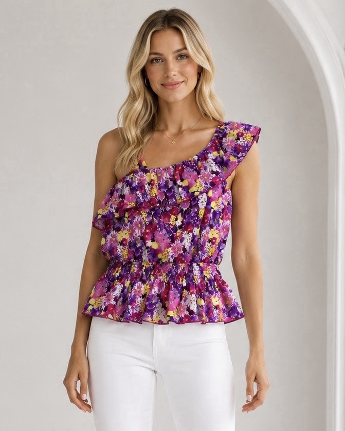 Womens Floral Ruffle Peplum Top Size Large Tropical Resort