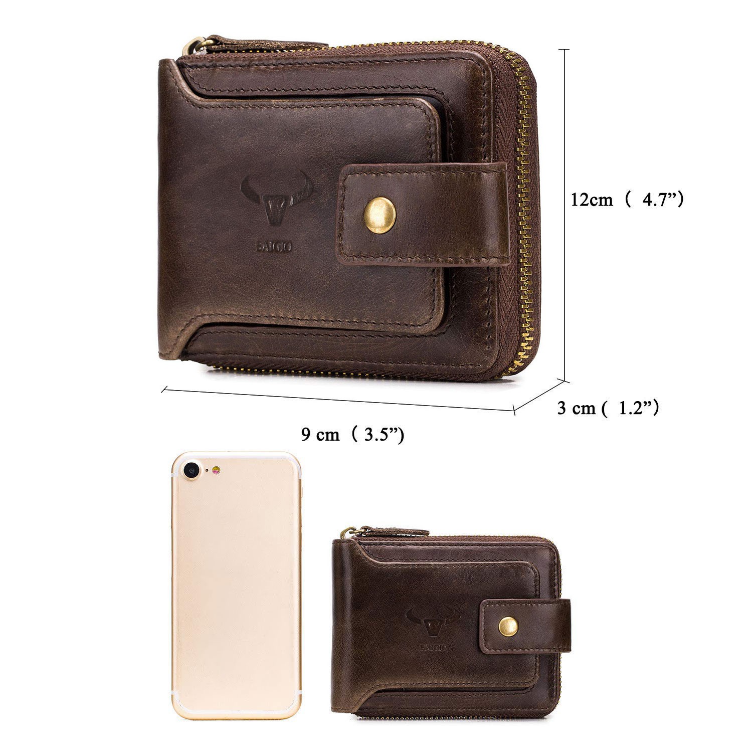 Retro Men Wallet Genuine Leather RFID Blocking Bifold with Zipper Coin Pocket