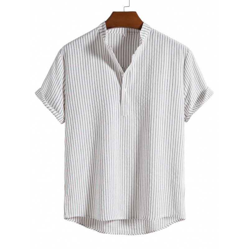 Summer Mens Loose Casual Shirt Cotton and Linen Stand Collar Short Sleeve Shirt
