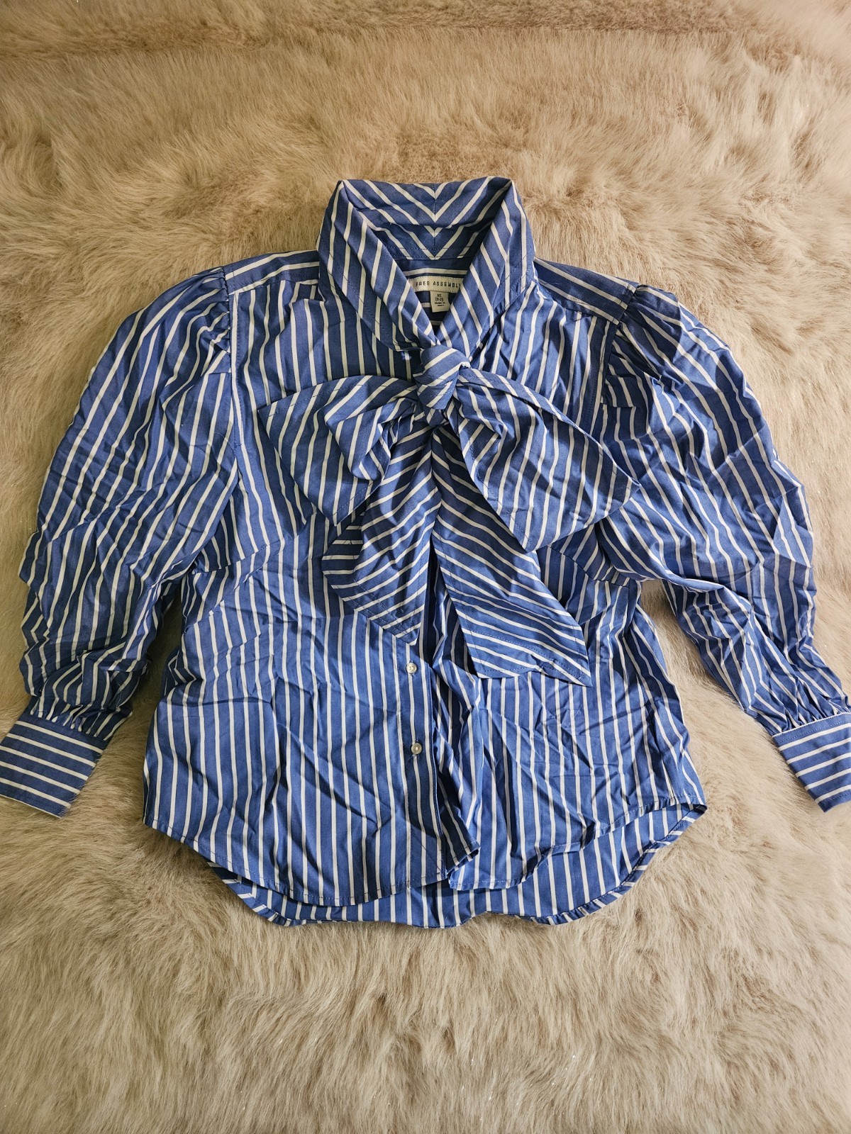 Free Assembly Womens XS Blue White Striped Bow Neck Blouse 100% Cotton Long Slee