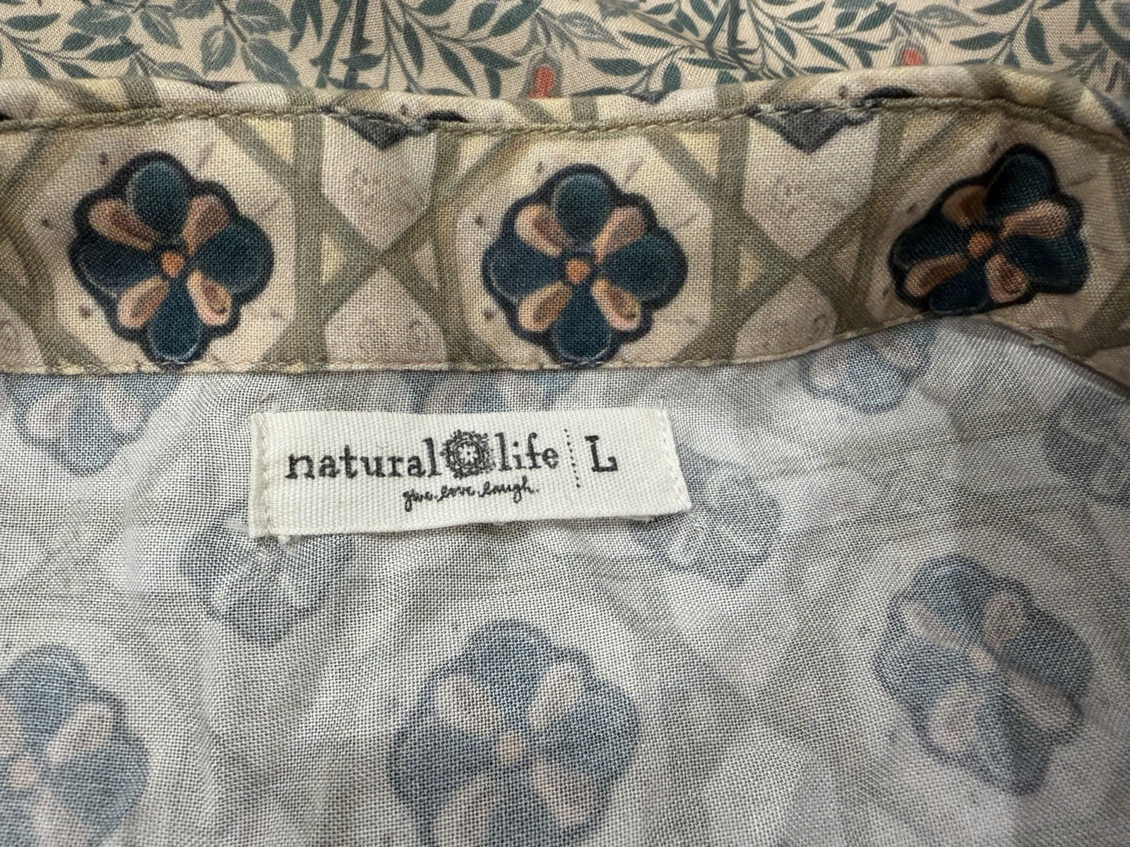 Natural Life Lola Tie Button Down Blouse L Boho Floral Patchwork Tie Front Chic