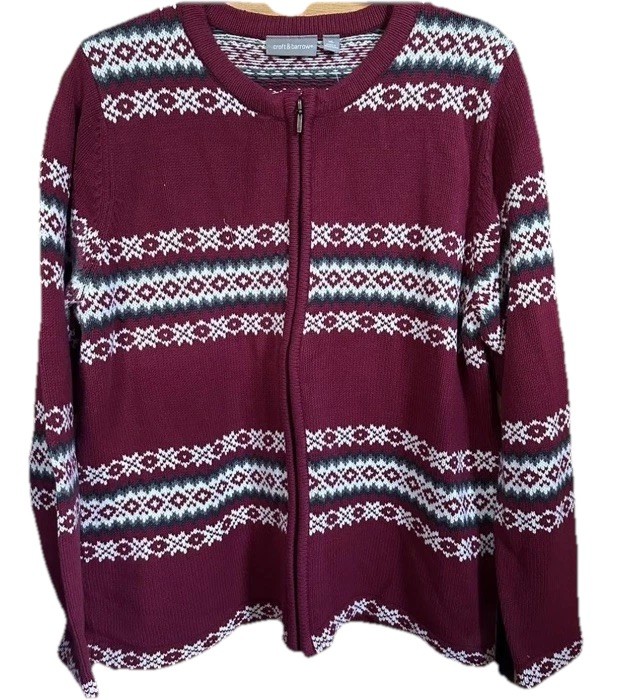 Croft & Barrow cardigan womens XL Nordic fair isle full knit zip sweater maroon