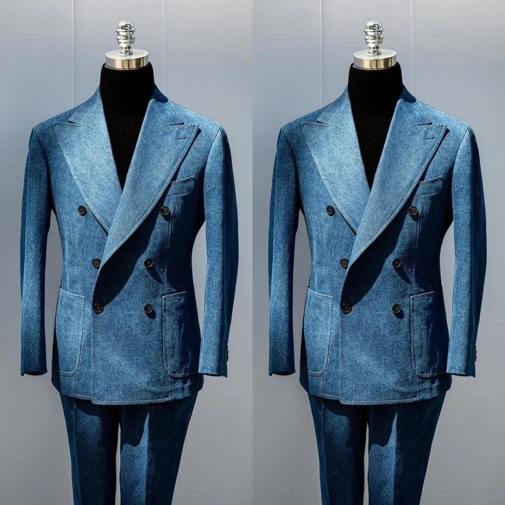 Blue Denim Men’s Suits Double Breasted Peak Lapel Tuxedos Wedding Party Blazer