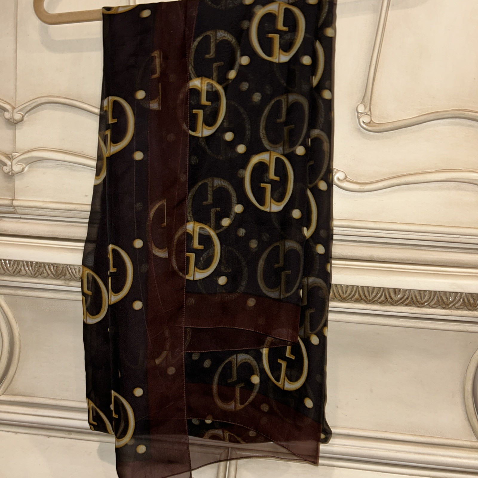 Gucci Silk Scarf Stole 76x27in Brown Gold GG Print