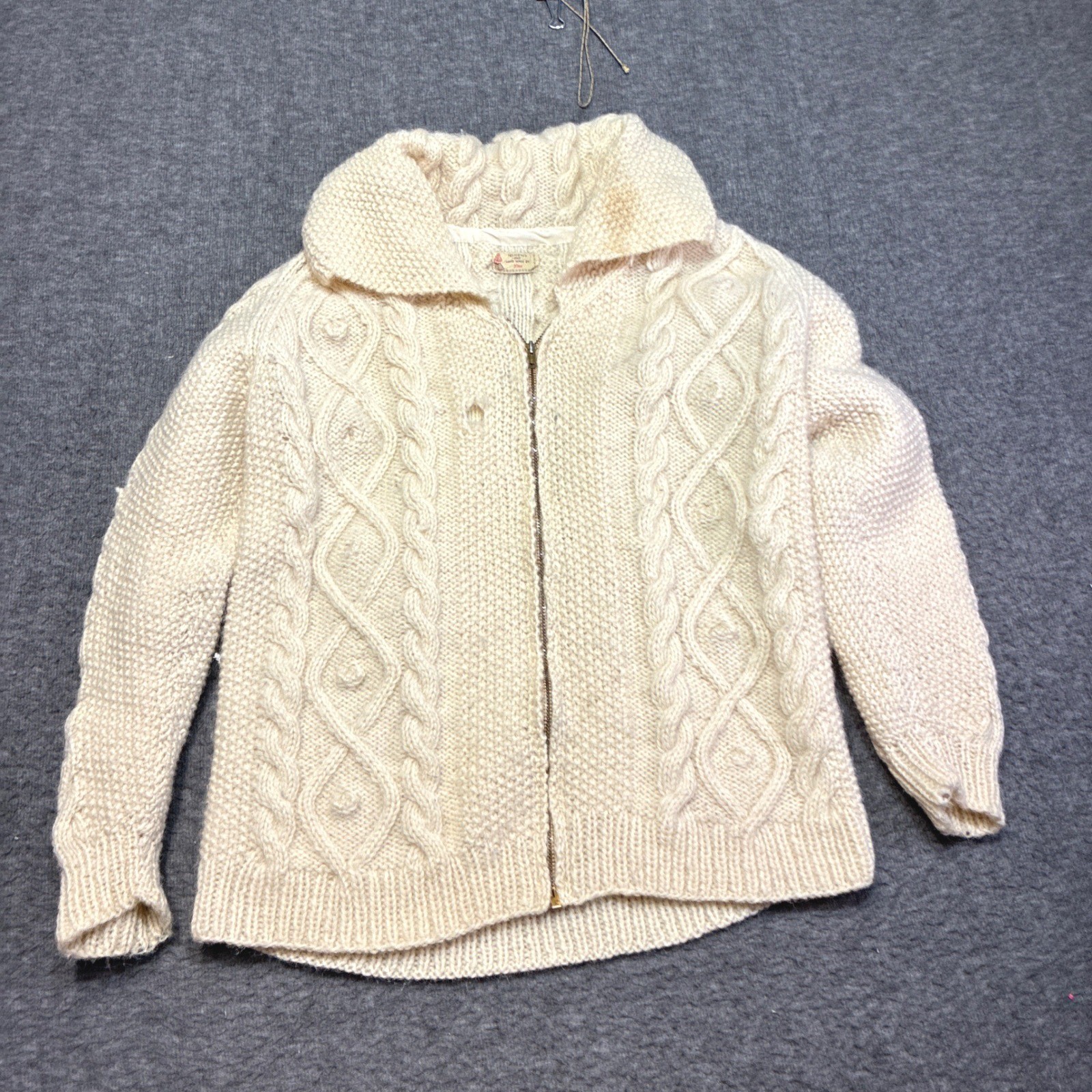 Handmade by Nina Cardigan Sweater Women Small Cream Wool Cable Knit Cottagecore