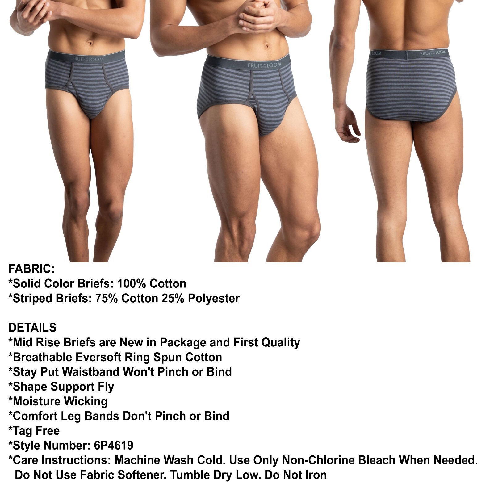6 Black Gray Stripes Solid XL 40-42 Briefs Mid Rise Fruit of the Loom 102-107CM