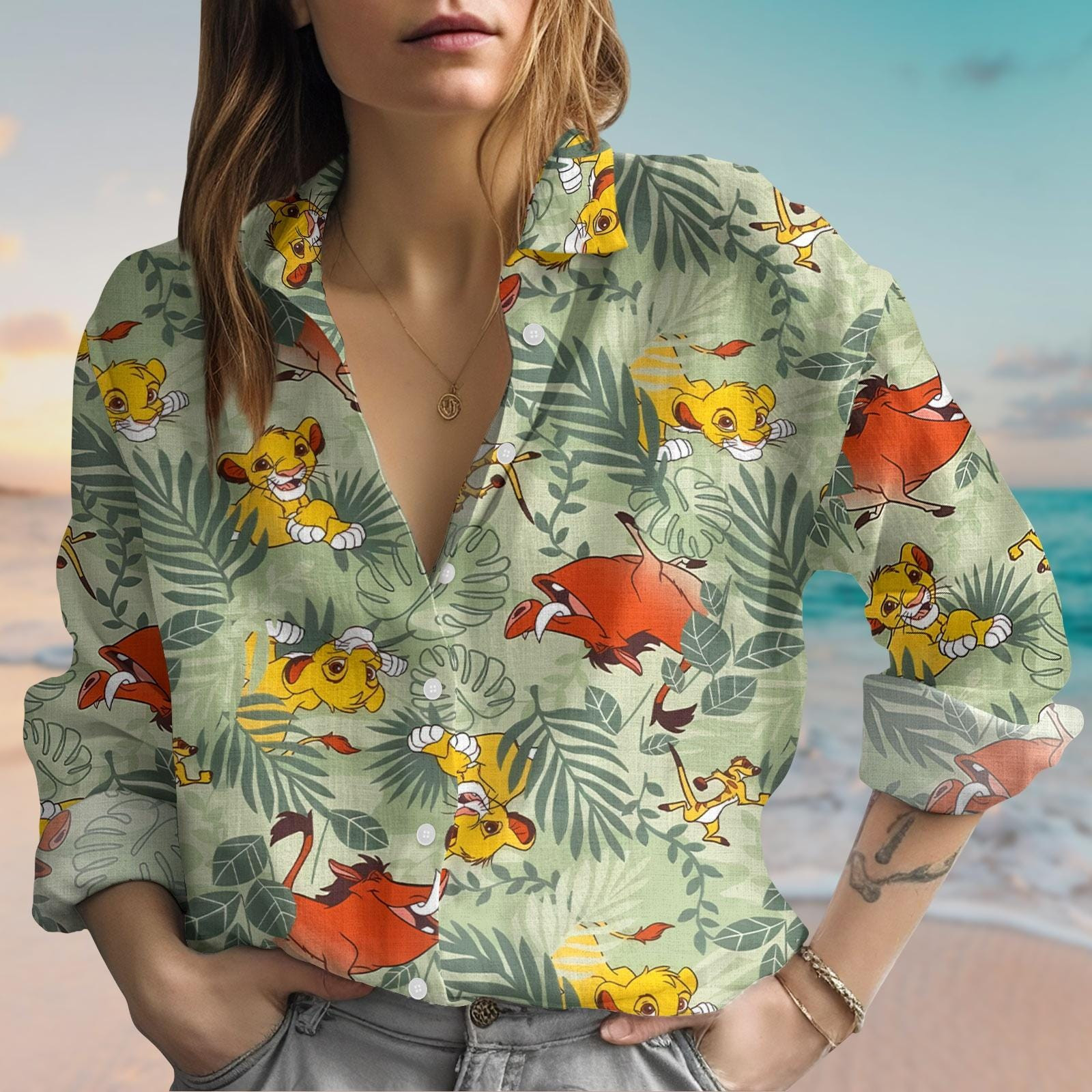 Lion King Floral Women Blouse Cartoon Linen Look Shirt Disney