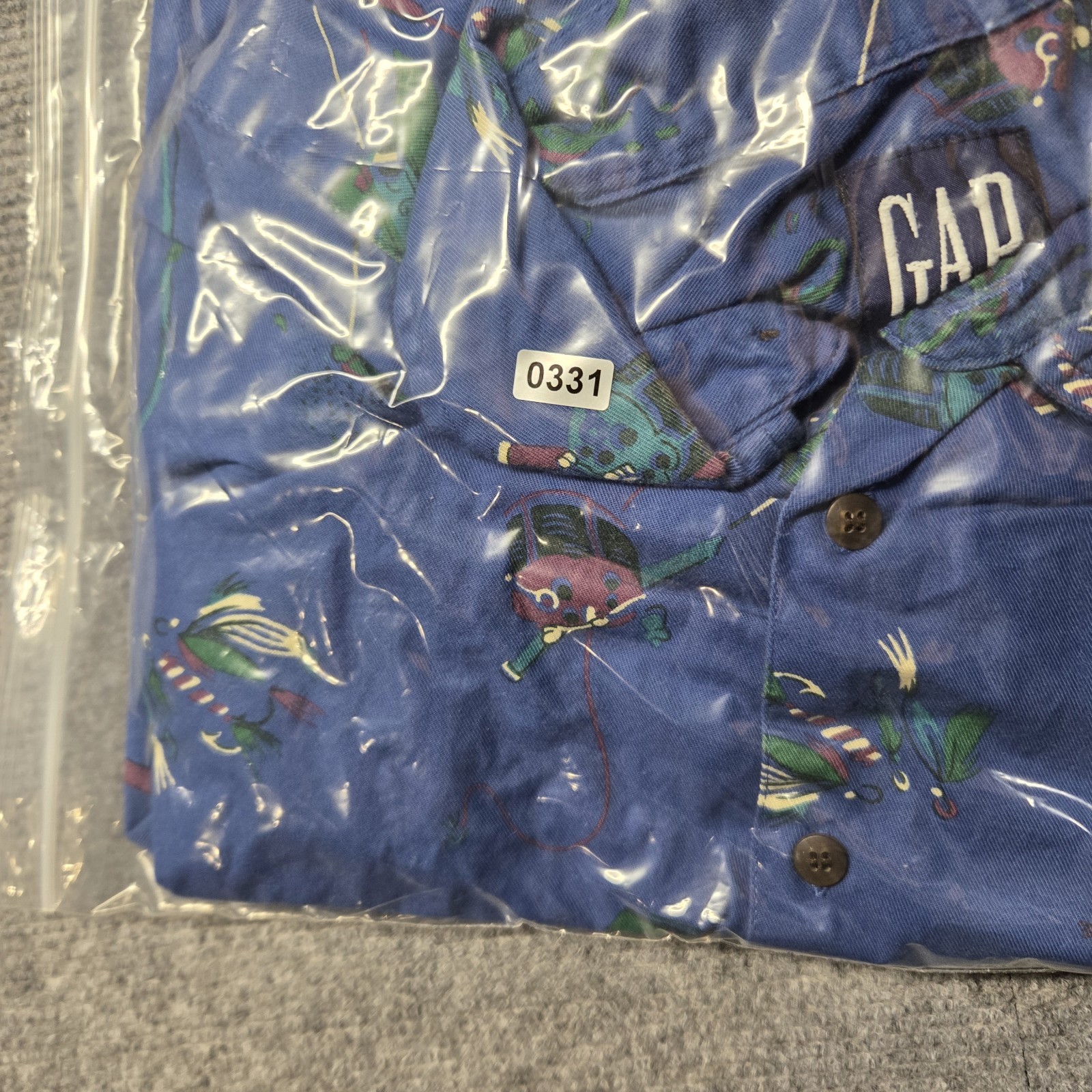 Vintage GAP Fishing Fisherman Print Button Down Mens Shirt Rod Reel Tackle Sz XL