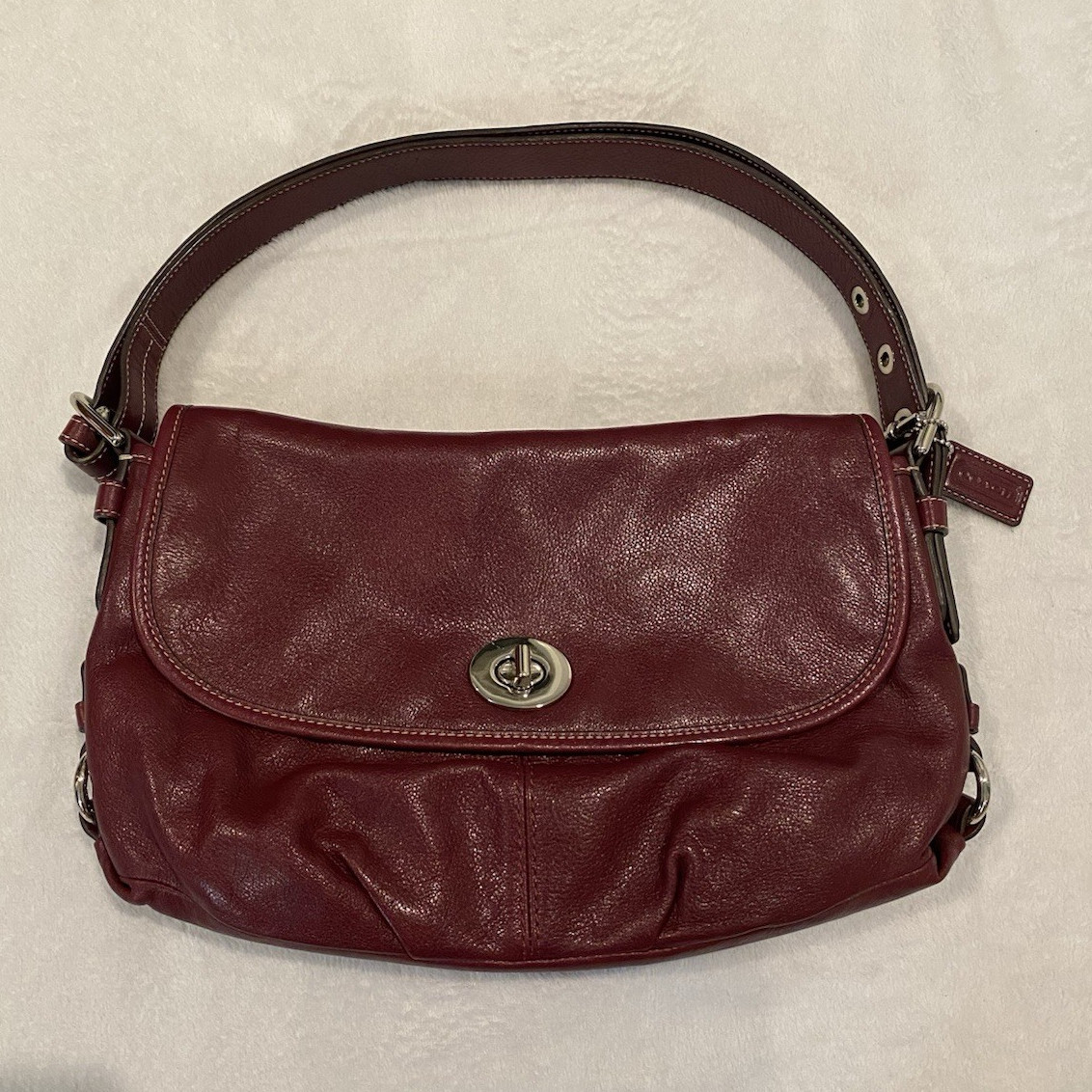 Coach Burgundy Small Crescent Shoulder Bag Turnlock Flap Detachable Strap Zip