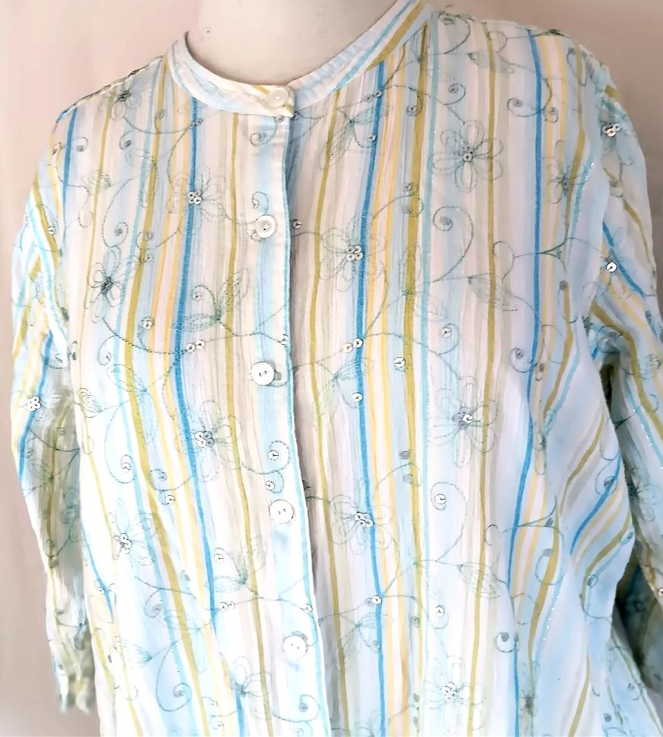 Susan Graver Style Blouse 1X Top Blue Green Pastel Stripe Embellished Sequins