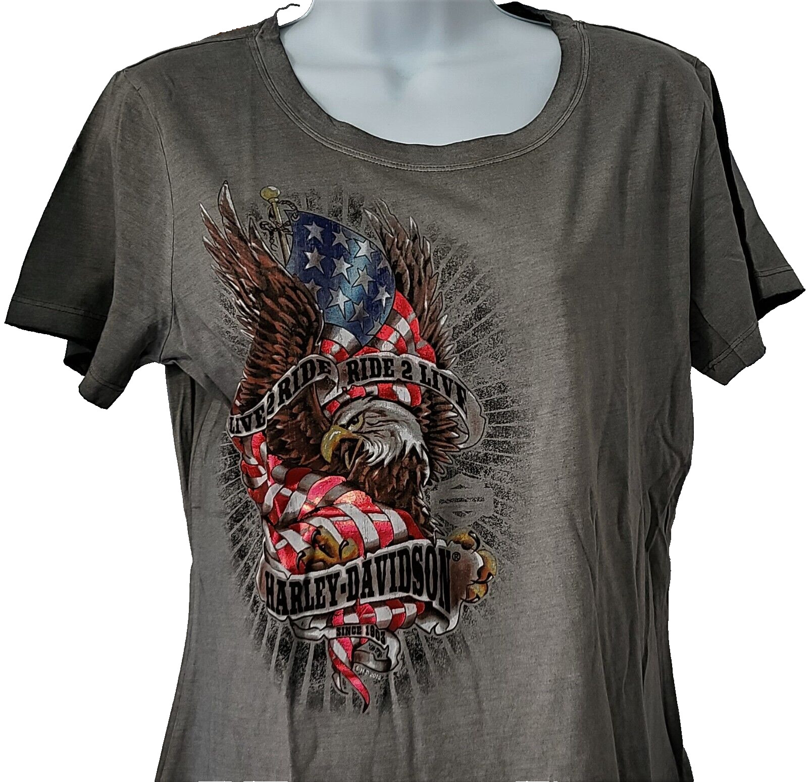HARLEY DAVIDSON SS Shirt Gray Dyed Foil Eagle Patriotic Flag Chest 39in Womens M