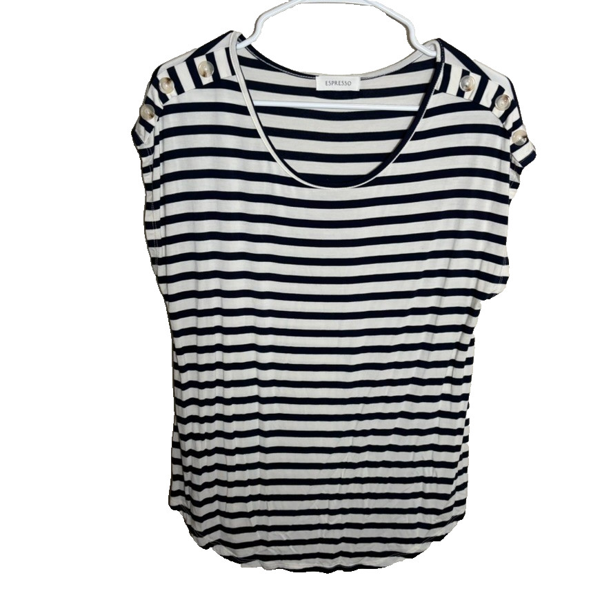 Espresso Blouse Women’s Medium Striped Round Neck Cap Sleeve Casual T-Shirt Top