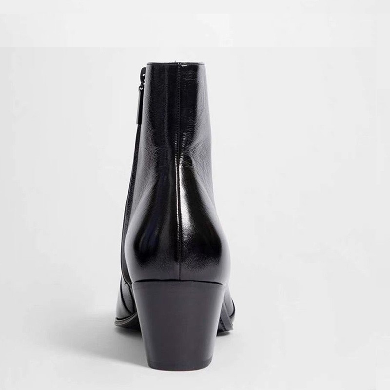 Mens Shiny Leather Pointed Toe Side Zip Ankle Boots 6CM Heels Combat Boots Shoes