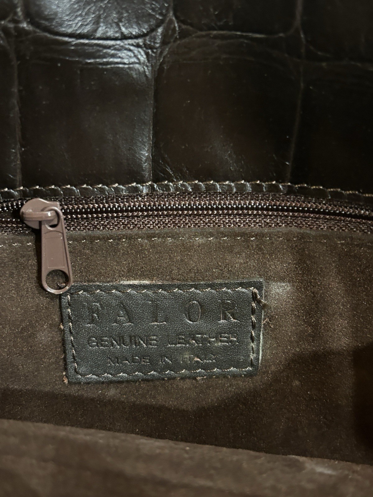 FALOR Le Borse Italy Brown Croc Embossed Leather Shoulder Bag Woven Straps