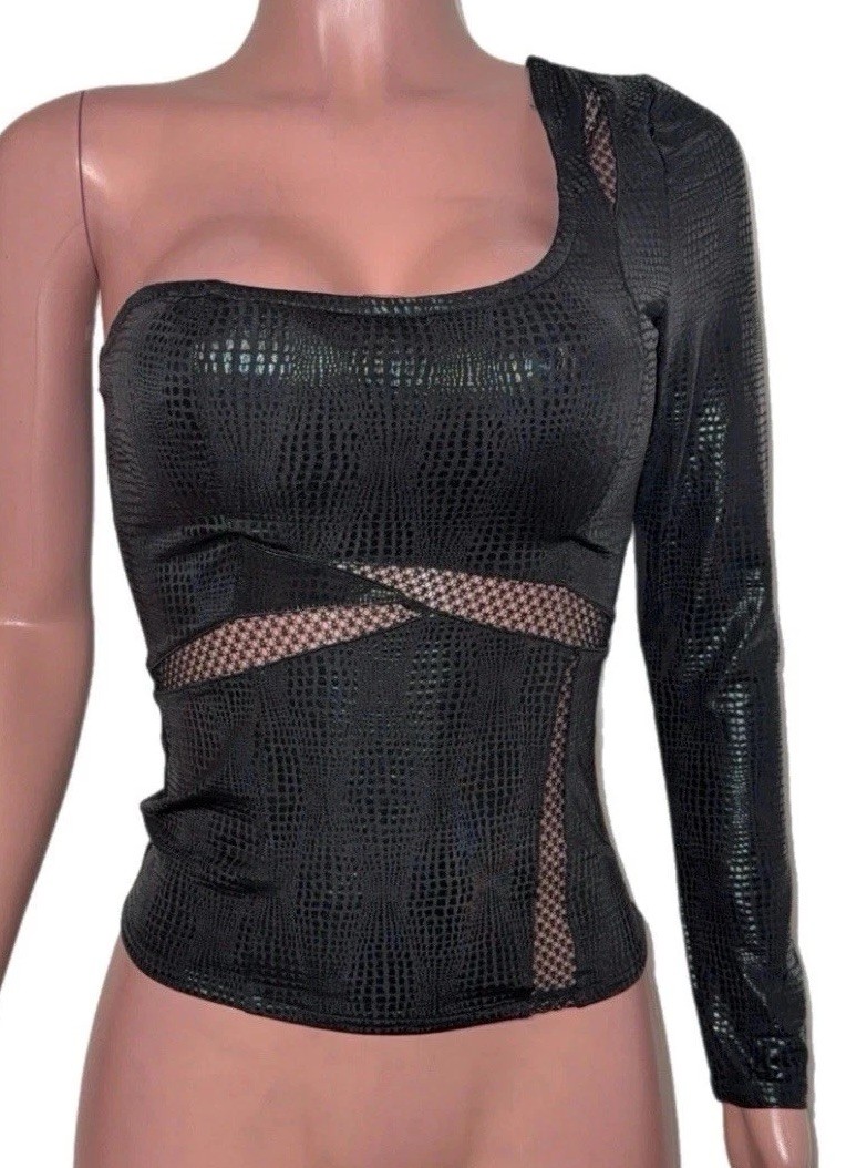 Y2K Baddie Black One Shoulder Fitted Going Out Top Edgy Mesh Inserts Pu Moto New