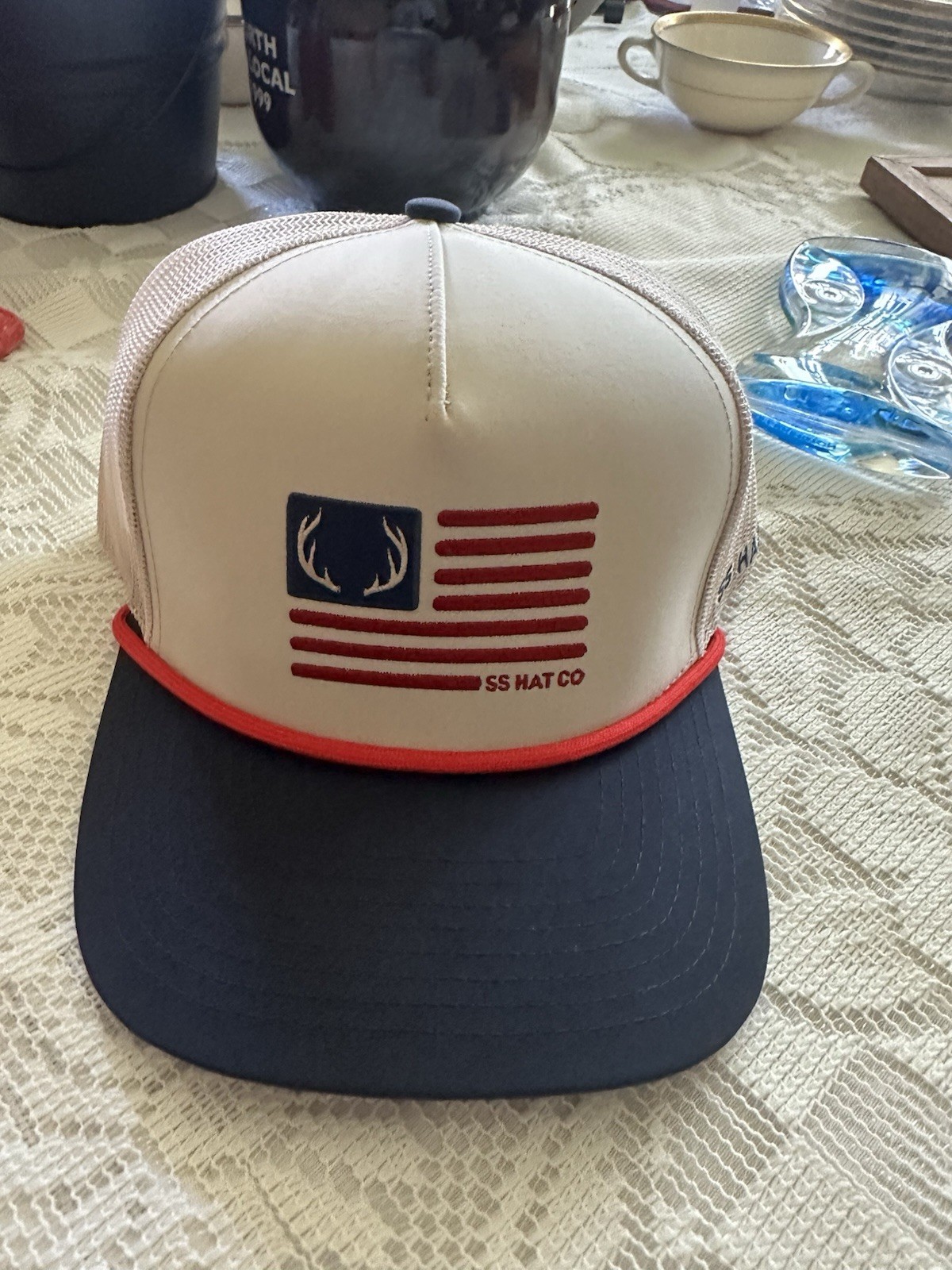 SS HAT CO Trucker Hat USA Flag Antlers Logo White/Navy/Red Mesh Back