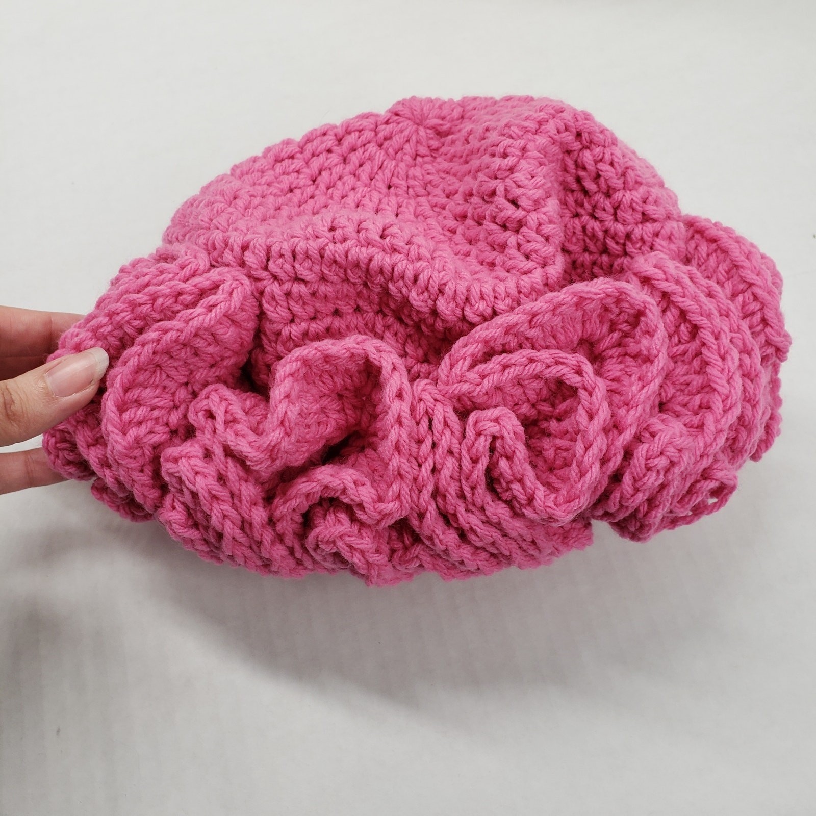 Handmade Crochet Ruffle Hat Pink Statement Bonnet Cozy Winter Unique Artisan