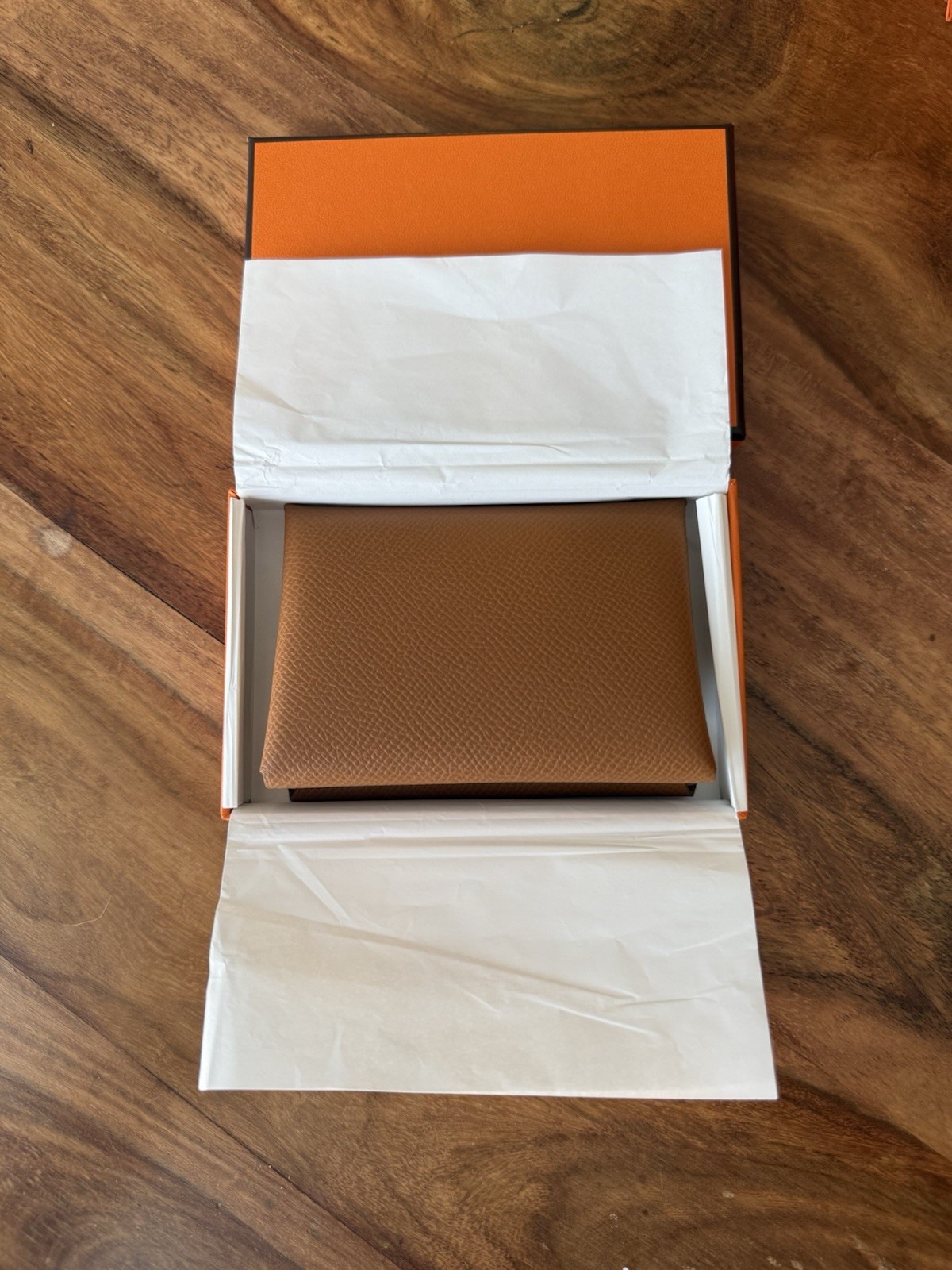 NEW Hermes Calvi Card Holder Case Caramel Chèvre Mysore Leather Brown