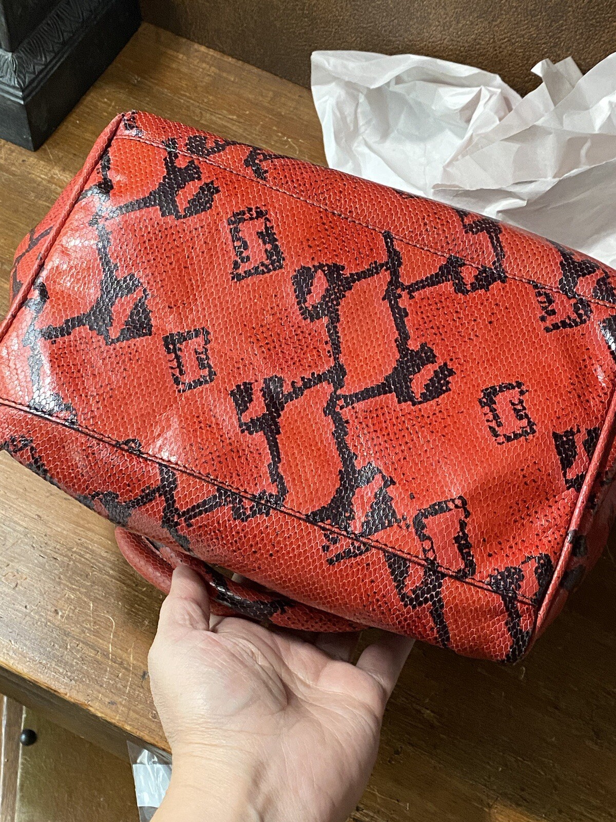 Vintage Moschino Red And Black Boa Snakeskin Handbag Redwall Made in Italy