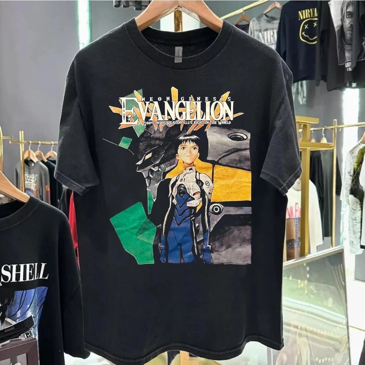 90s Rare Black tee Neon Genesis Evangelion Short Sleeve T shirt