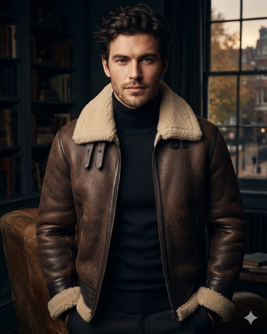 Men Distressed Brown Winter Shearling Flight Aviator B3 Bomber Leather Jacket