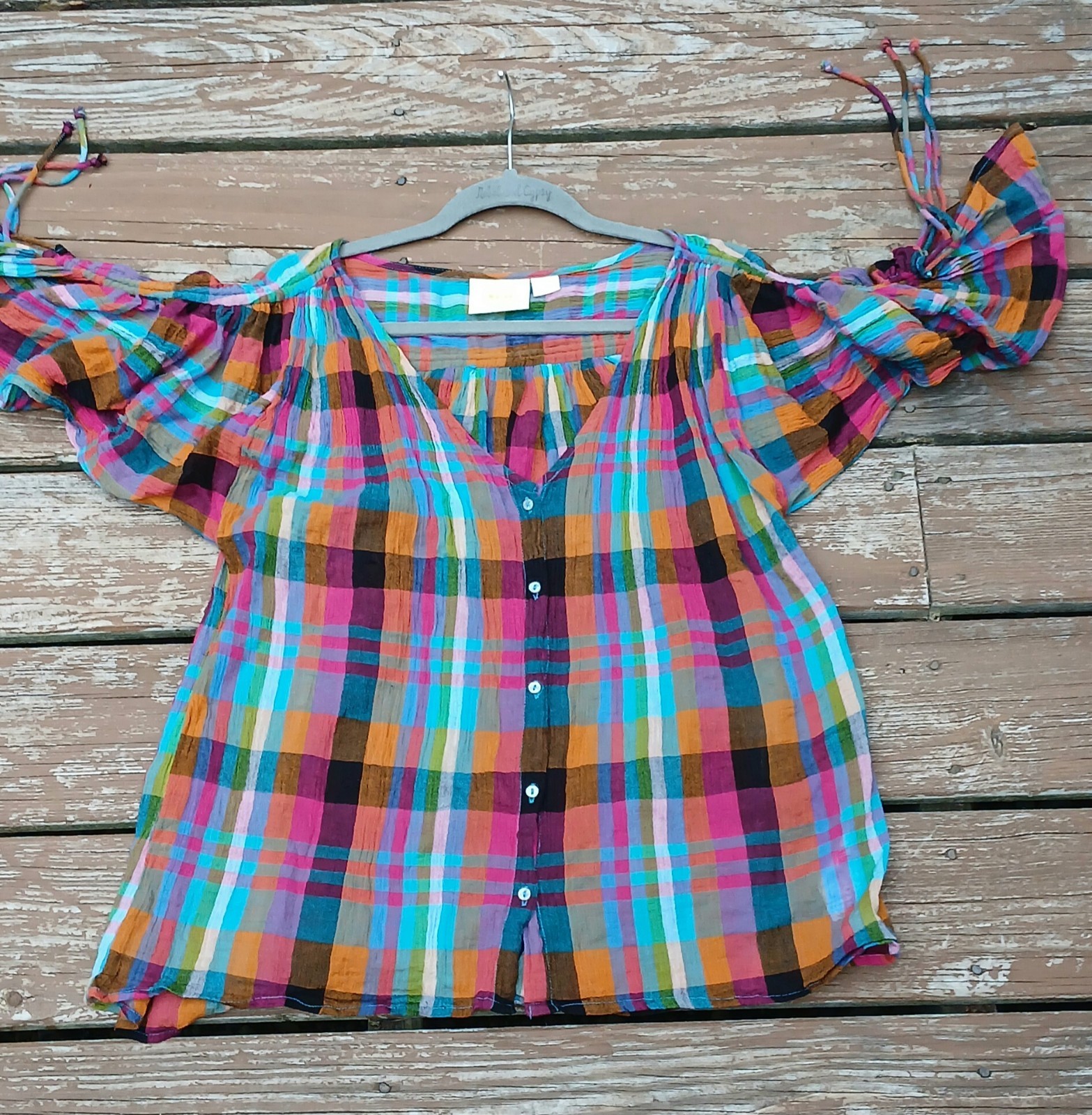 Maeve Anthropologie Multicolor Plaid Check Top Size S Ruched Drawstring Sleeve