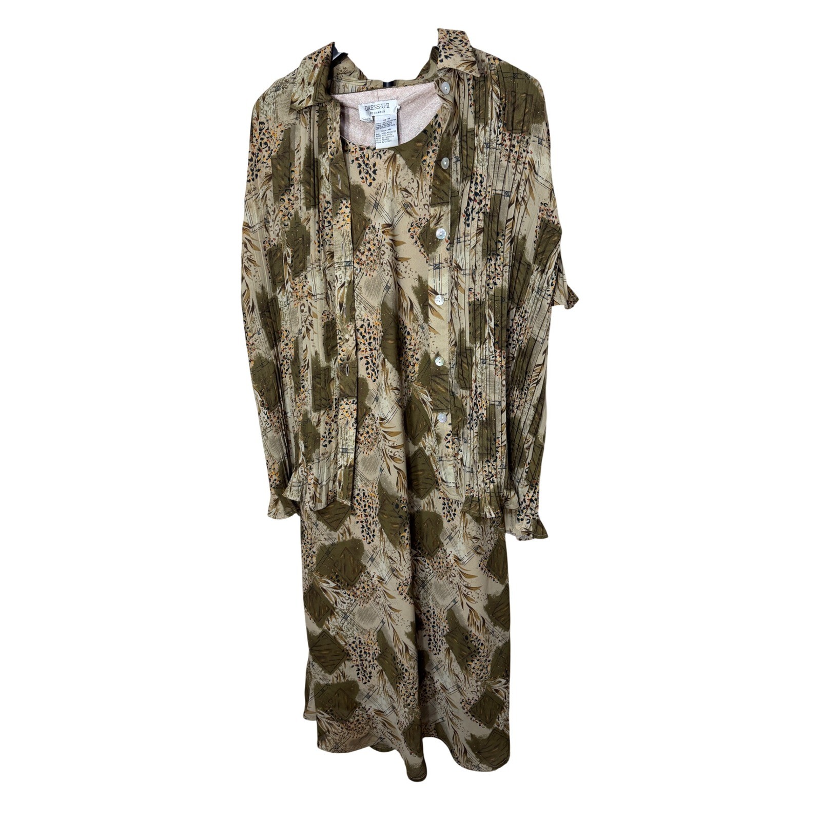 Dress-U-II by Sharon Vintage 2-Piece Maxi Dress & Pleated Shirt Set Olive Tan 14