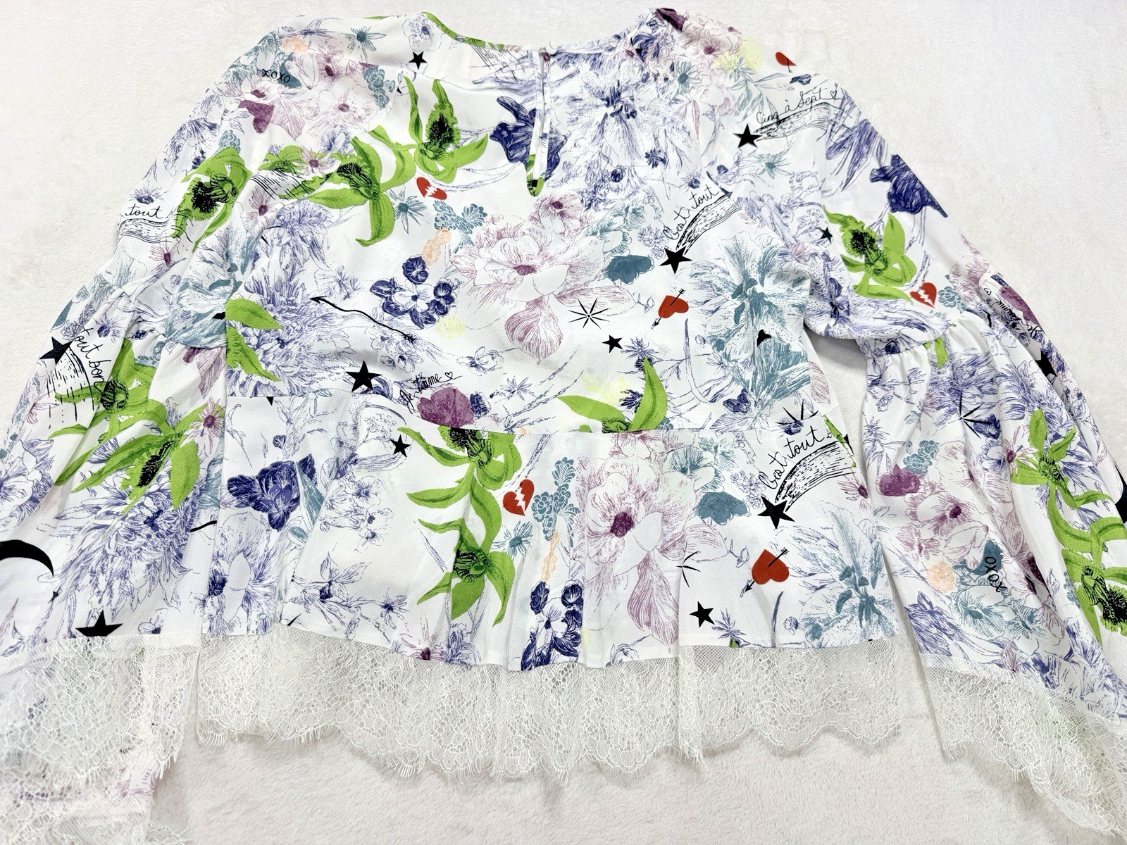 Cinq a Sept 100% Silk Celestial Floral Peplum Blouse M White Lace Trim Top