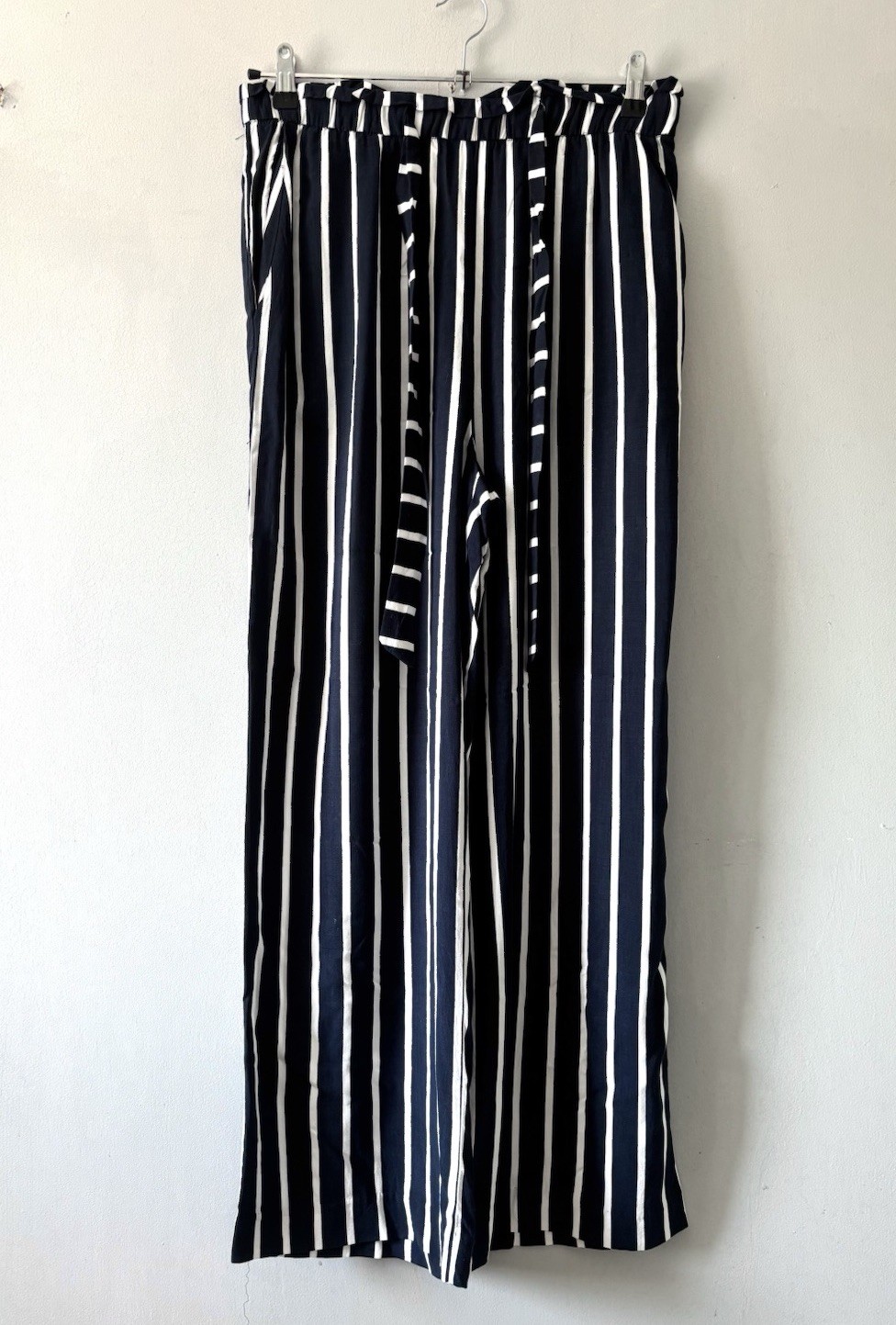 H&M Wide Leg striped Trousers Women’s Uk 14 Navy White Elasticated Waist Viscose