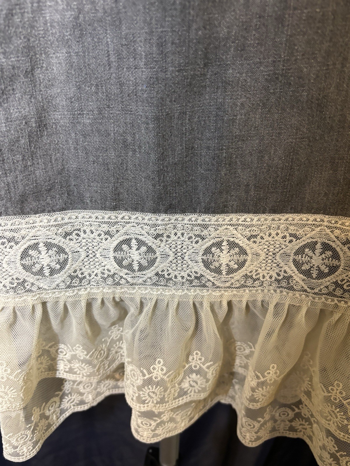 Gray Denim Lace Jacket With Scalloped Lace On Bottom Of Sleeves. Size M