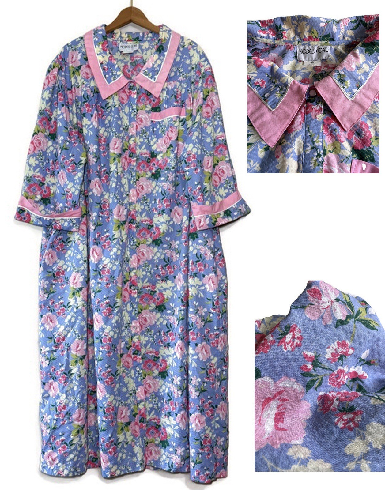 Vtg Models Coat House Dress Size 3X Pink & Blue Floral Cottagecore 90’s Y2K