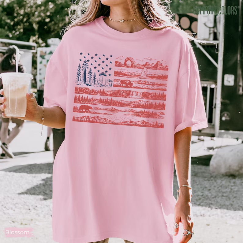 Vintage National Parks US Flag T-Shirt Retro American Flag Nature Graphic Tee