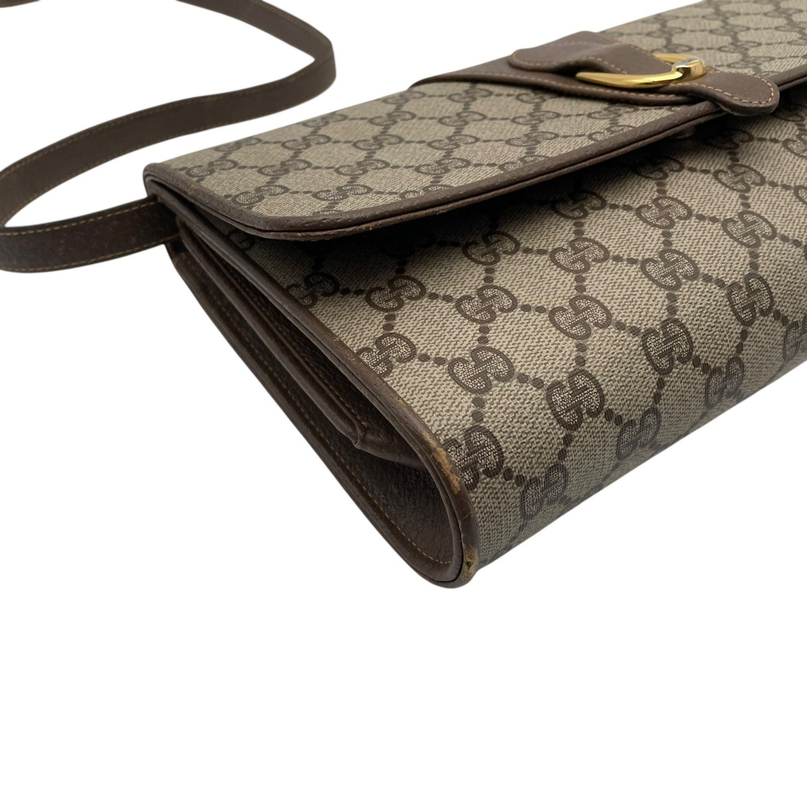Authentic GUCCI GG Plus PVC Leather Shoulder Bag Messenger Grey Brown Gold