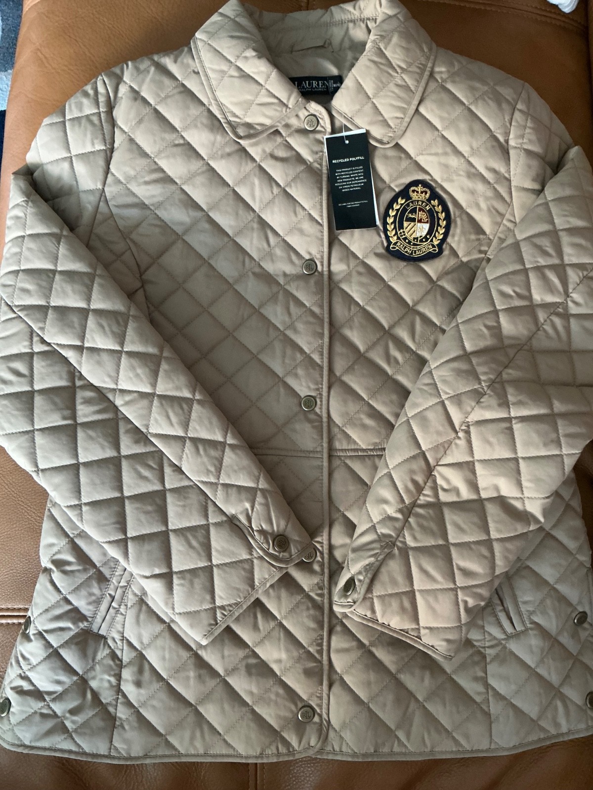 Lauren Ralph Lauren Crest Patch Quilted Jacket Birch Tan Beige Sz M wmns NWT