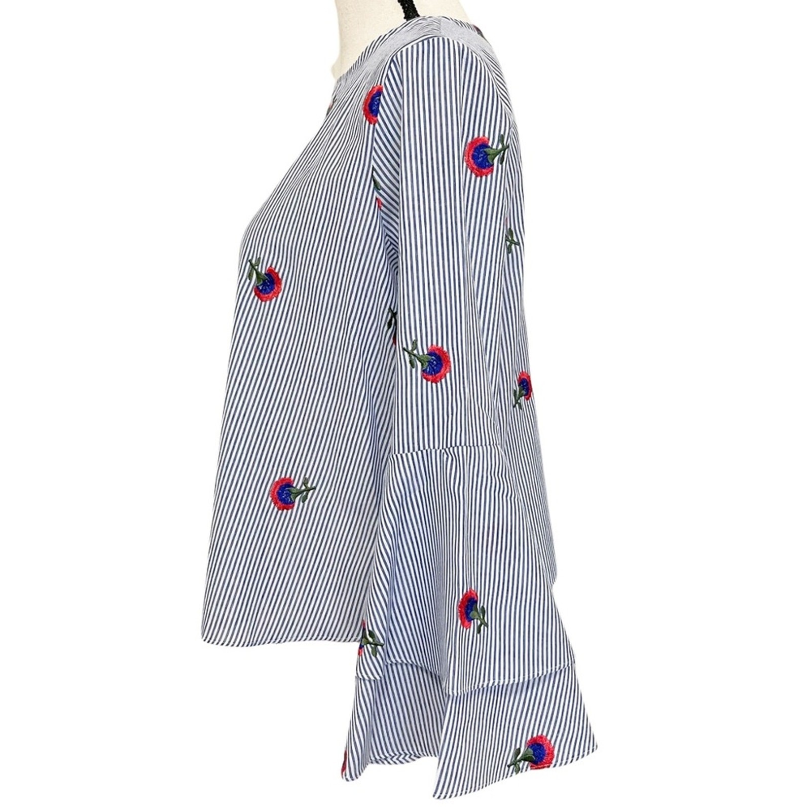 Emma & Olivia Nautical Stripe Floral Embroidery Bell Sleeve Red/White/Blue Small