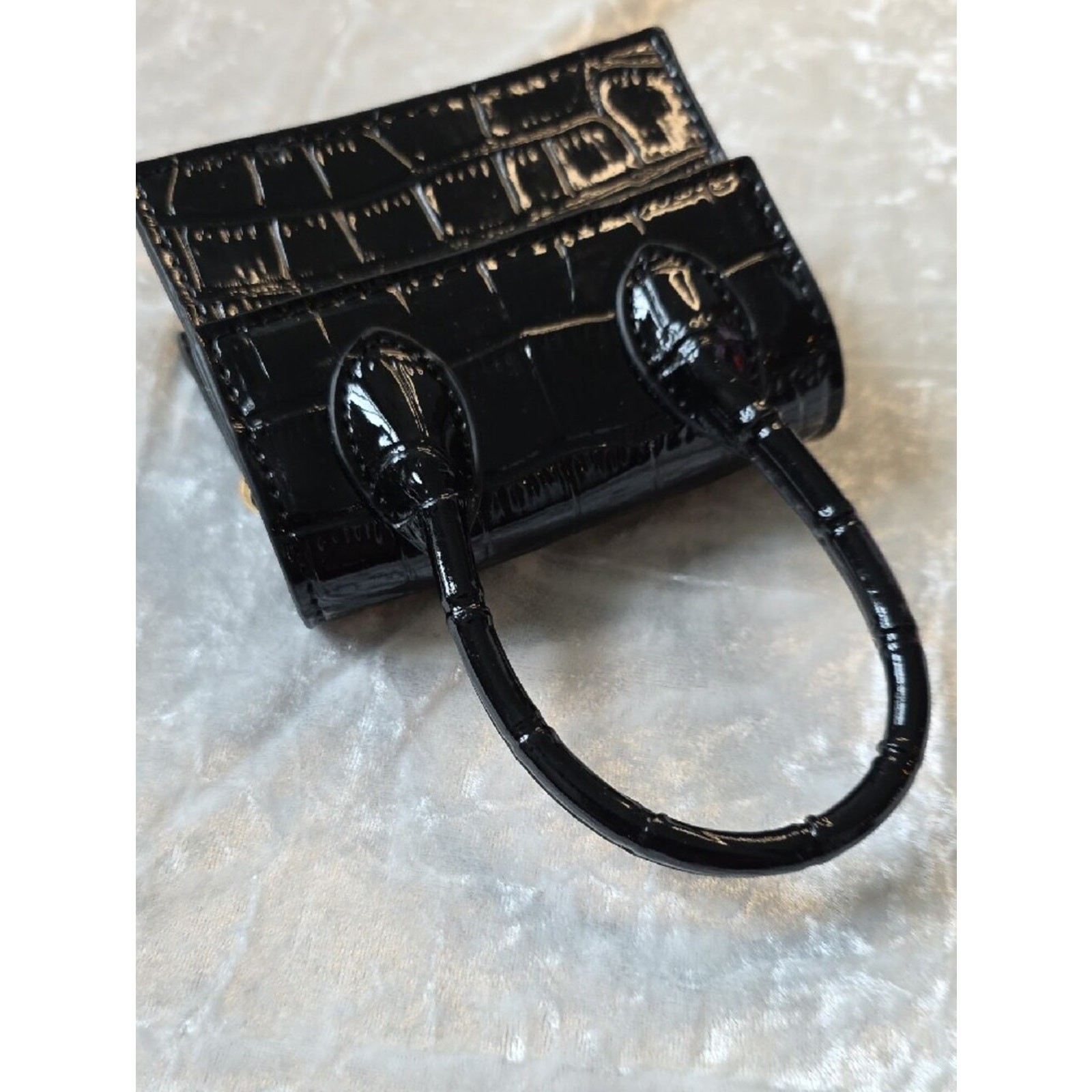 NWOT Black Croc-Embossed Patent Top-Handle Mini Bag