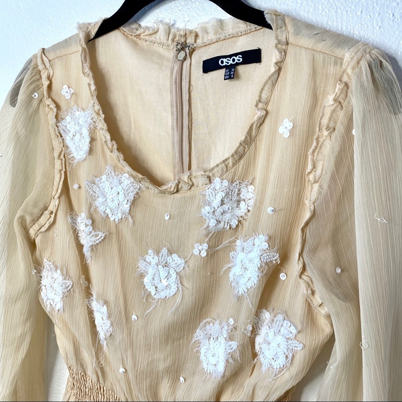 ASOS Sequin Flower Sheer Sleeve Nude Dress Size 6