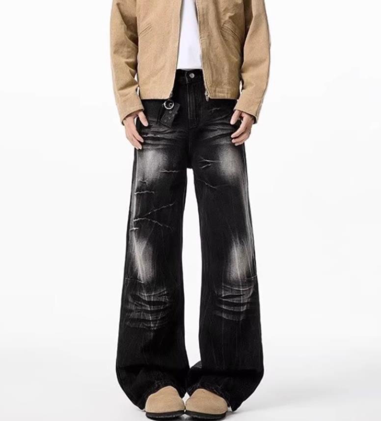 Men’s Straight Leg Retro Blue Black Denim Jeans Casual Punk Hip Hop Trousers
