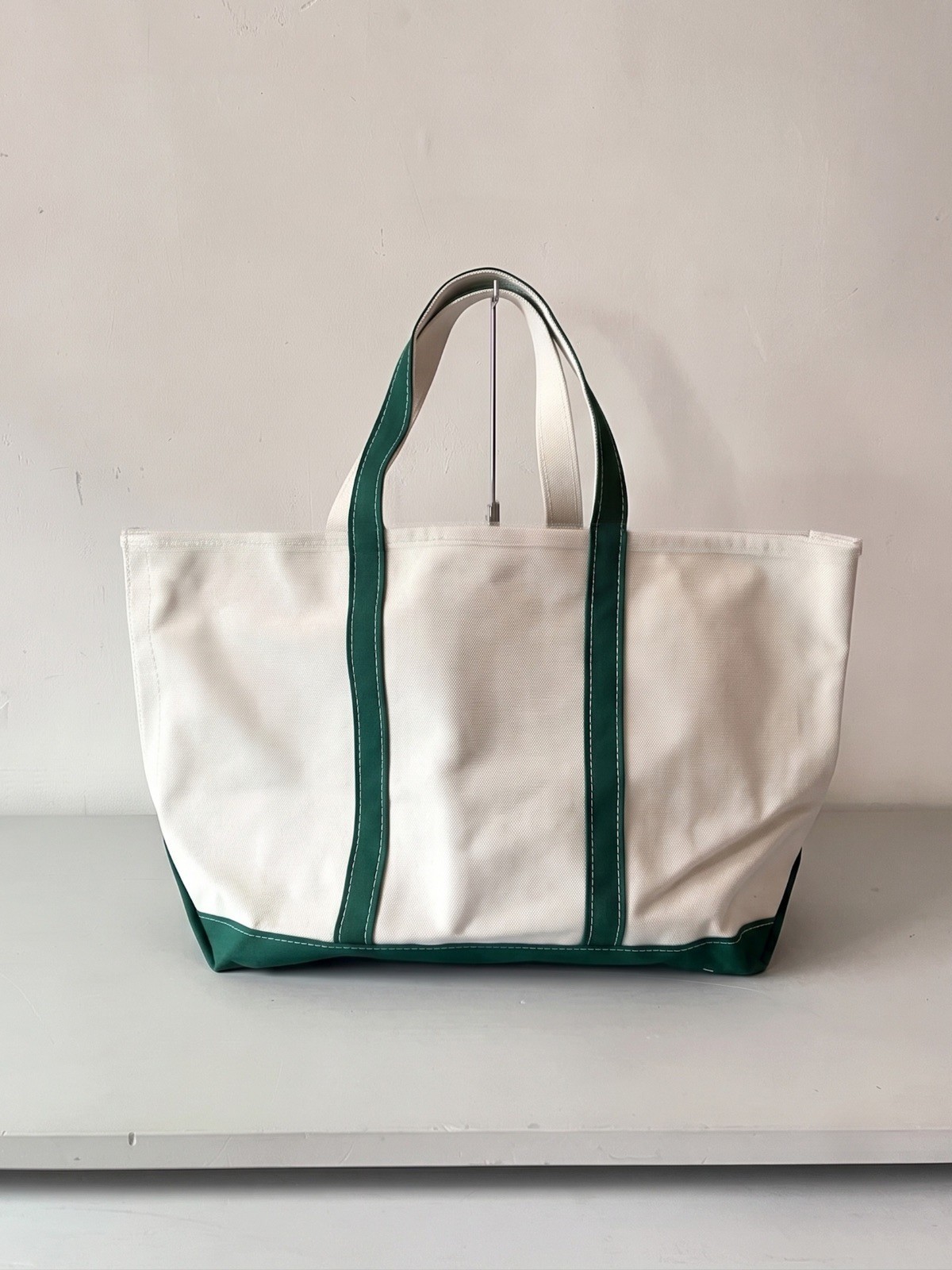 L.L Bean Boat And Tote Large Canvas Tote Bag White USA Made Dark Green