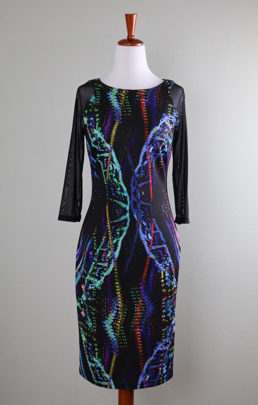 JOSEPH RIBKOFF $262 Stretch Sheer Mesh Sleeve Abstract Print Dress Size 8