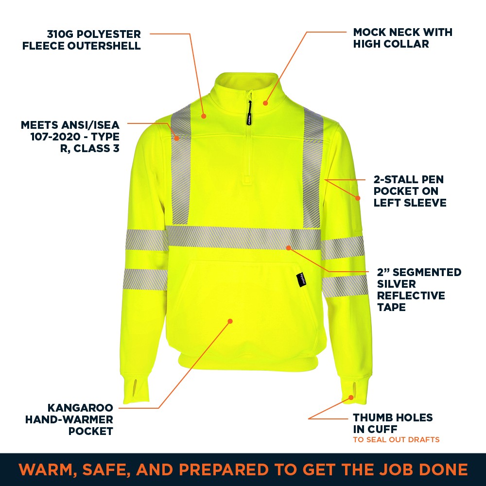 RefrigiWear HiVis Quarter-Zip Sweatshirt – High Visibility Safety Pullover with