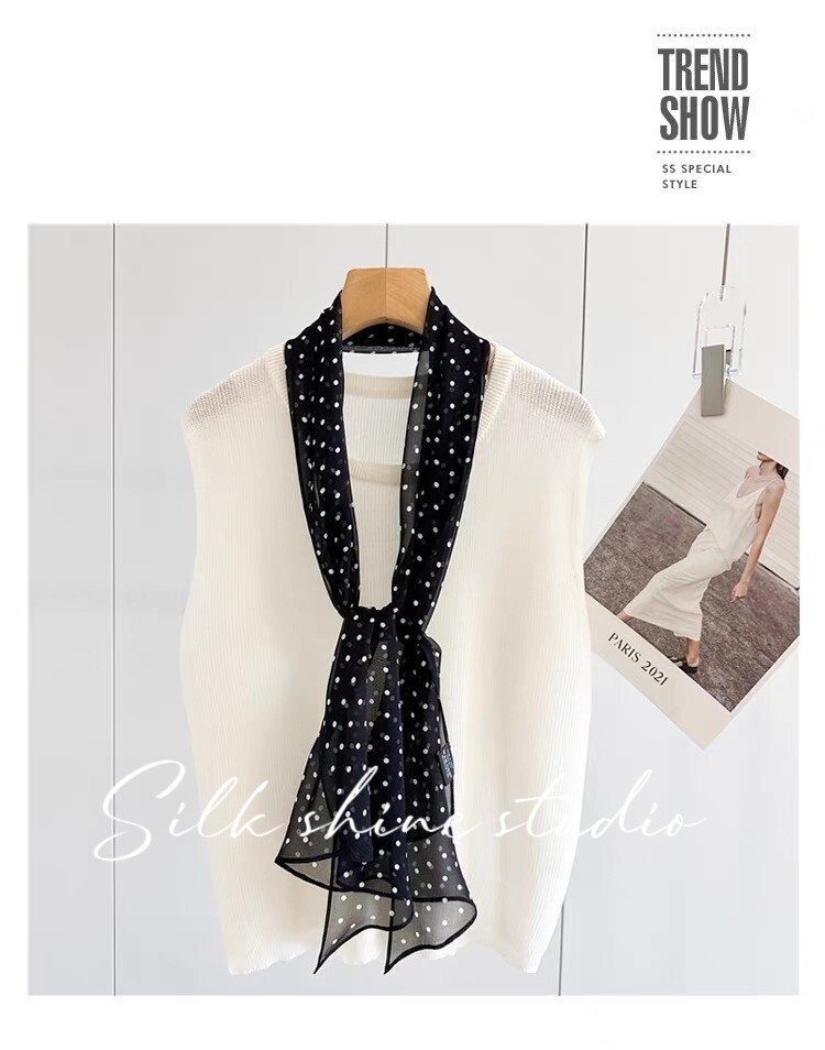 Chic Black & White Polka Dot 100% Silk Scarf -Lightweight 63″x12″ Oblong Summer